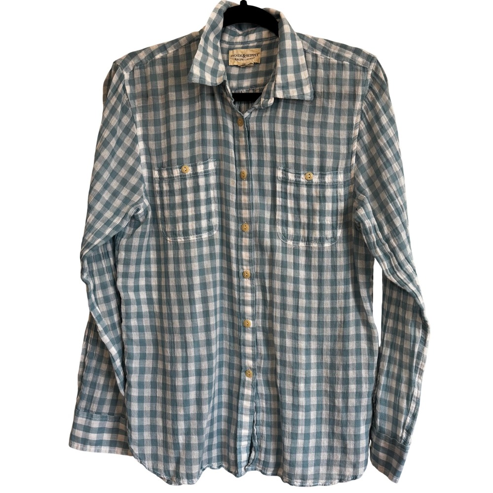 Denim & Supply Ralph Lauren Blue Gingham Cotton Gauze Button Down Shirt Womens L